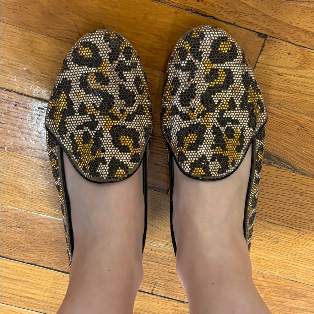Brian Atwood Claudelle Metallic Crystal Studded Slip On Smoking Flats Loafers 9